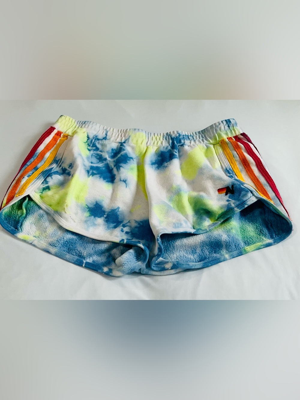 Aviator Nation Neon Yellow & Blue Tie-Dye Terry Shorts with Rainbow Side Stripes